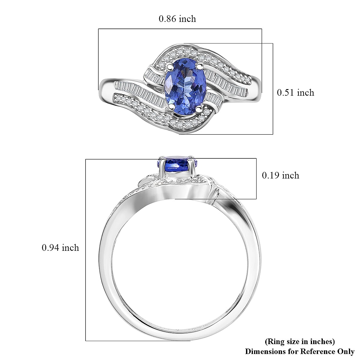 AAA Tanzanite and Diamond 1.15 ctw Bypass Ring in Rhodium Over Sterling Silver (Size 9.0) image number 5