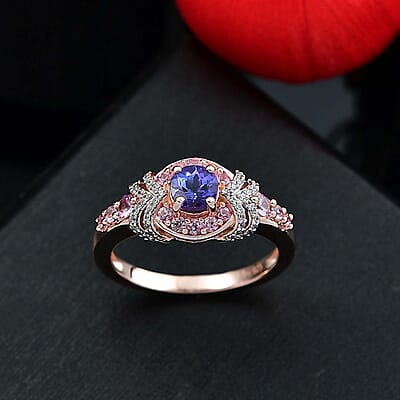 D'Joy AAA Tanzanite and Multi Gemstone 1.10 ctw Blushing Twilight Ring in 18K Vermeil Rose Gold Over Sterling Silver (Size 10.0)
