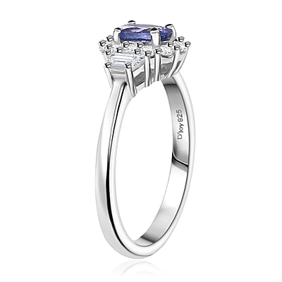 AAA Tanzanite and White Zircon 1.15 ctw Halo Ring in Rhodium Over Sterling Silver (Size 10.0)