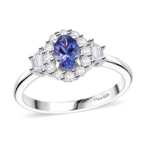 AAA Tanzanite and White Zircon 1.15 ctw Halo Ring in Rhodium Over Sterling Silver (Size 7.0)