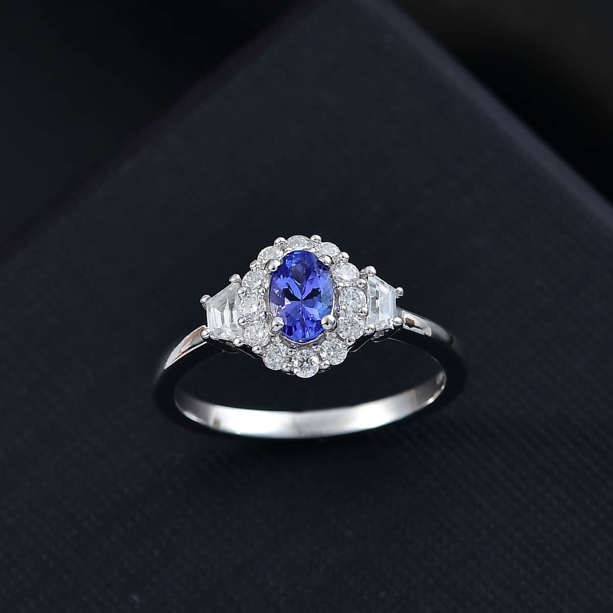 AAA Tanzanite and White Zircon 1.15 ctw Halo Ring in Rhodium Over Sterling Silver (Size 7.0) image number 1