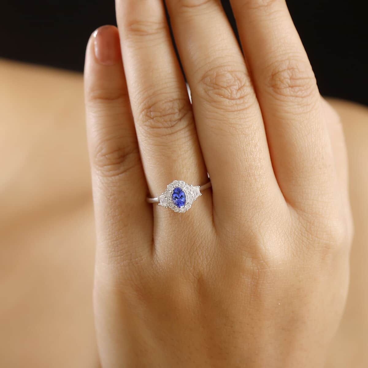 AAA Tanzanite and White Zircon 1.15 ctw Halo Ring in Rhodium Over Sterling Silver (Size 7.0) image number 2