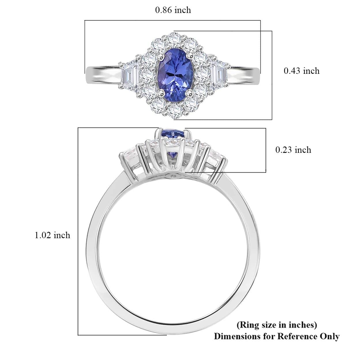 AAA Tanzanite and White Zircon 1.15 ctw Halo Ring in Rhodium Over Sterling Silver (Size 7.0) image number 5