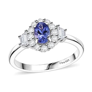 D'Joy AAA Tanzanite and White Zircon 1.15 ctw Halo Ring in Rhodium Over Sterling Silver (Size 8.0)