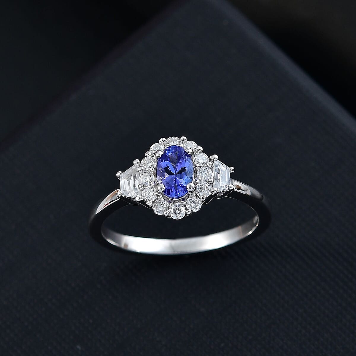D'Joy AAA Tanzanite and White Zircon 1.15 ctw Halo Ring in Rhodium Over Sterling Silver (Size 8.0) image number 1