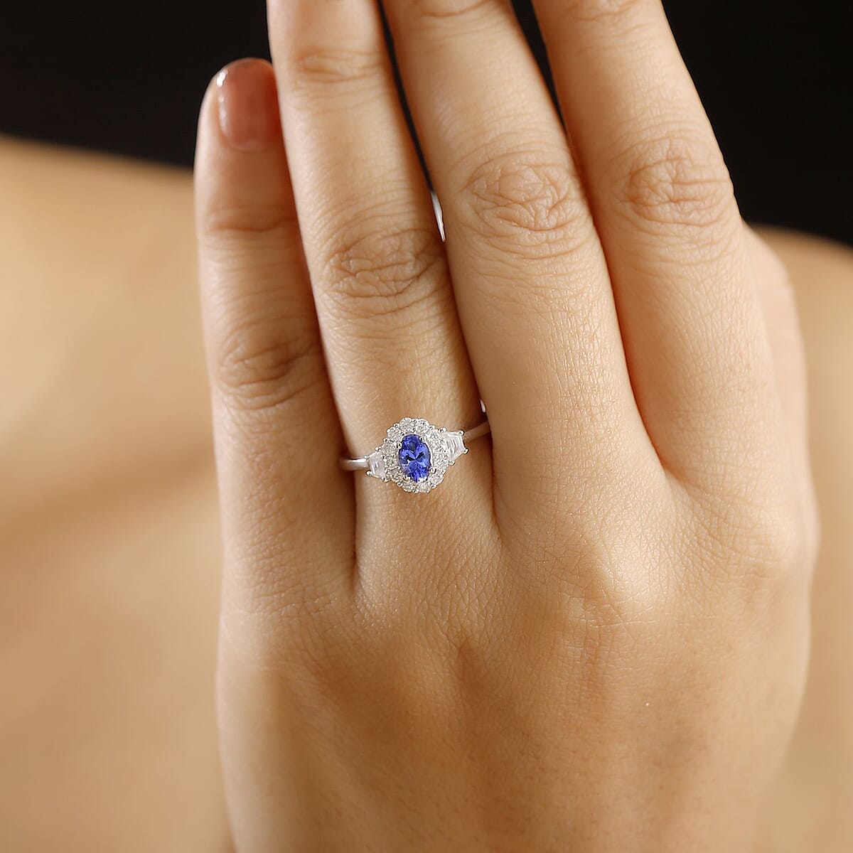 D'Joy AAA Tanzanite and White Zircon 1.15 ctw Halo Ring in Rhodium Over Sterling Silver (Size 8.0) image number 2
