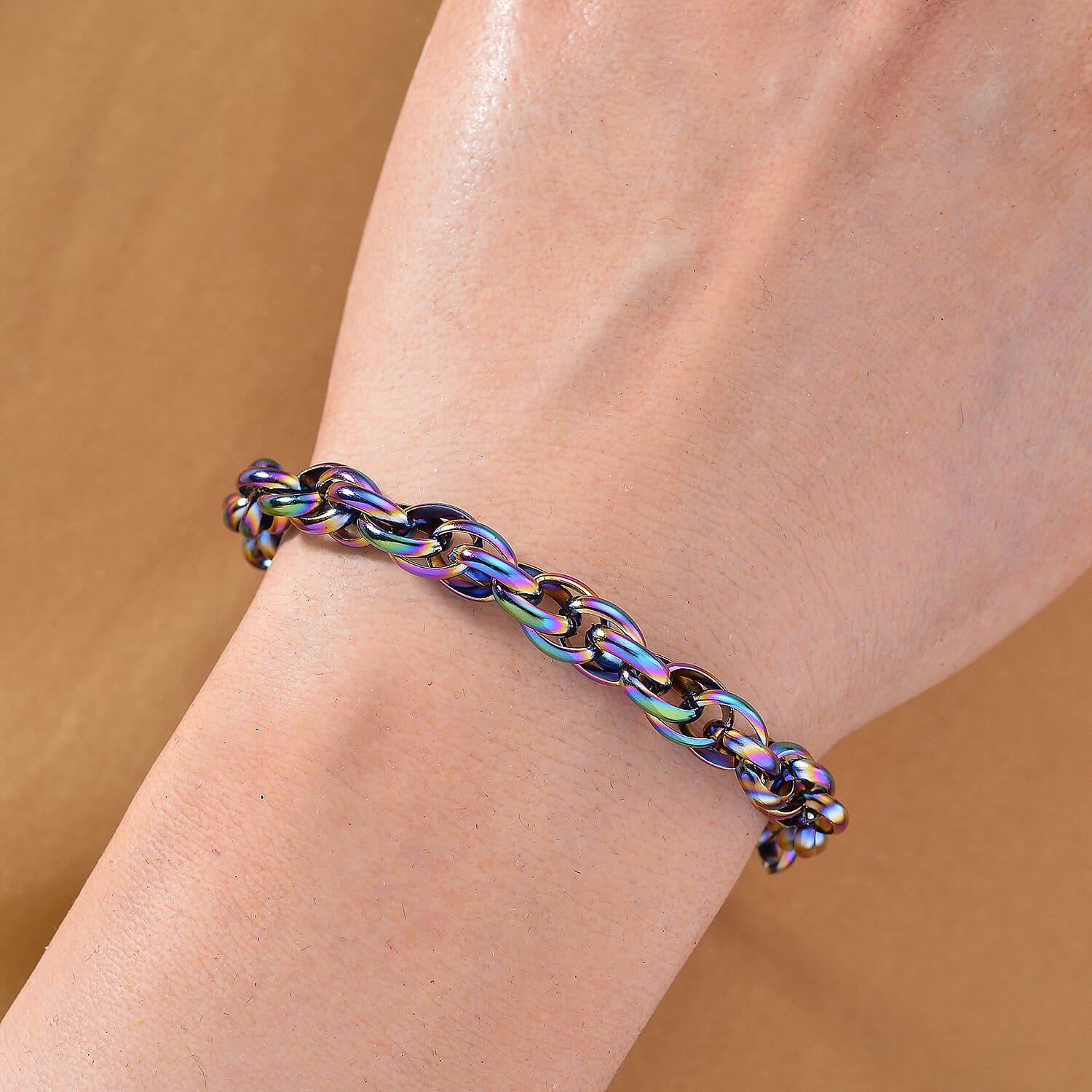 Rope Chain Bracelet in ION Plated Rainbow Stainless Steel (7.50-9.50In)