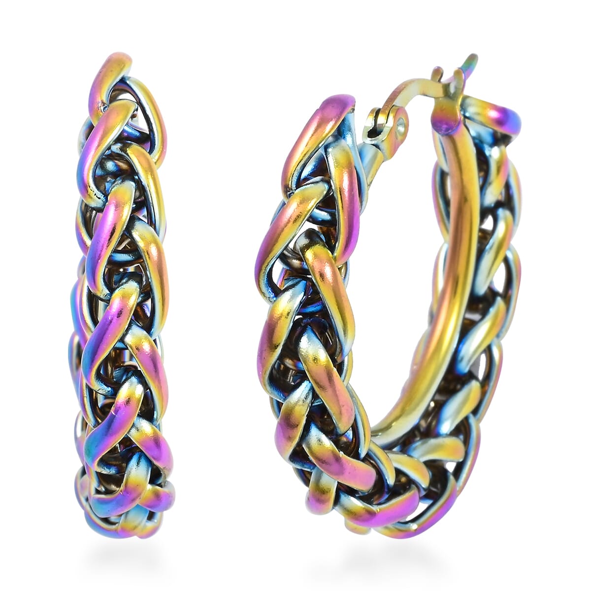 6mm Spiga Chain Hoop Earrings in ION Plated Rainbow Color Stainless Steel image number 0