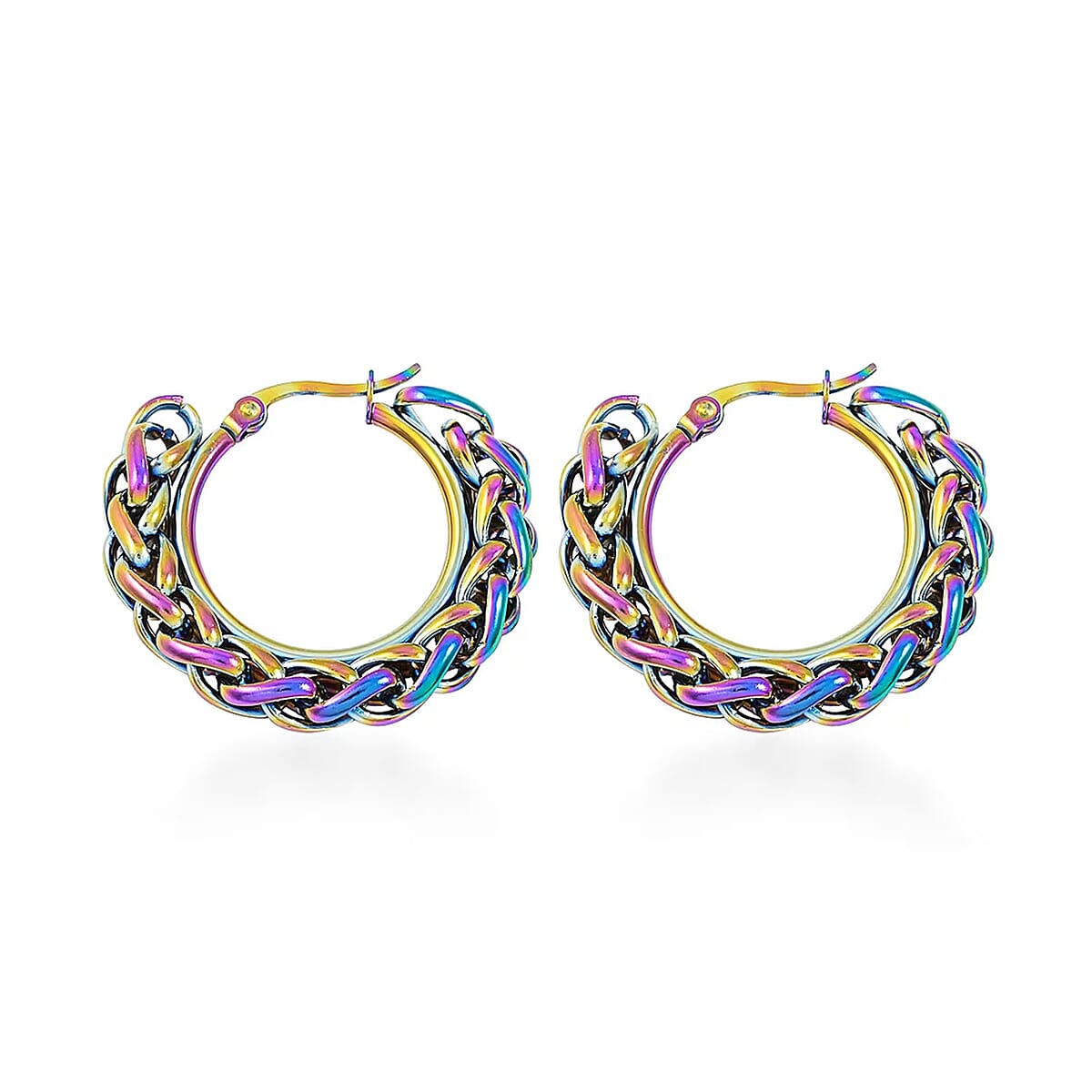 6mm Spiga Chain Hoop Earrings in ION Plated Rainbow Color Stainless Steel image number 6