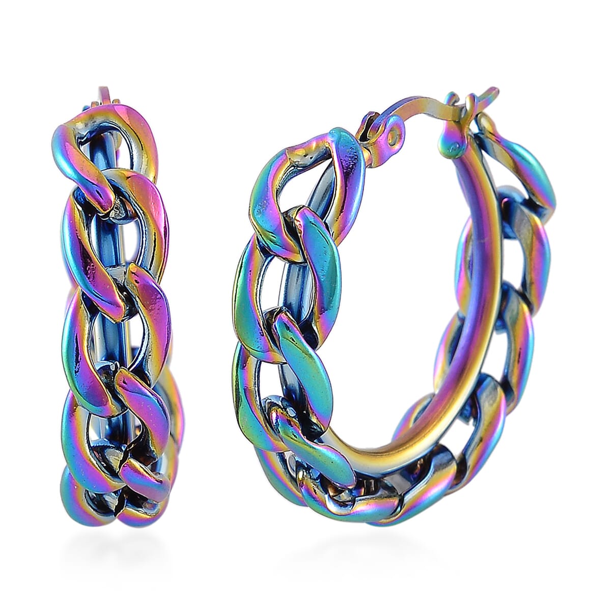 7mm Cuban Chain Hoop Earrings in ION Plated Rainbow Color Stainless Steel image number 0