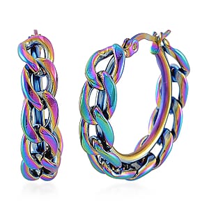 Cuban Chain Hoop Earrings in ION Plated Rainbow Color Stainless Steel