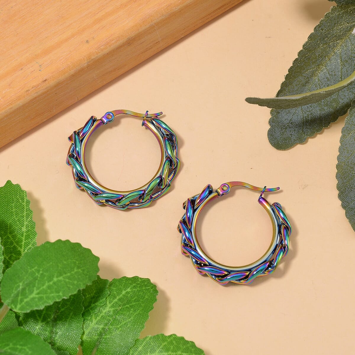 7mm Cuban Chain Hoop Earrings in ION Plated Rainbow Color Stainless Steel image number 1