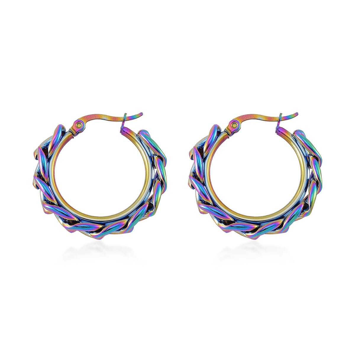 7mm Cuban Chain Hoop Earrings in ION Plated Rainbow Color Stainless Steel image number 3