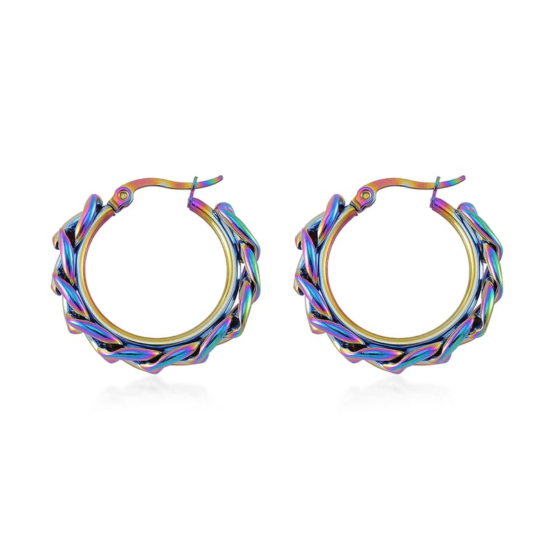 Cuban Chain Hoop Earrings in ION Plated Rainbow Color Stainless Steel