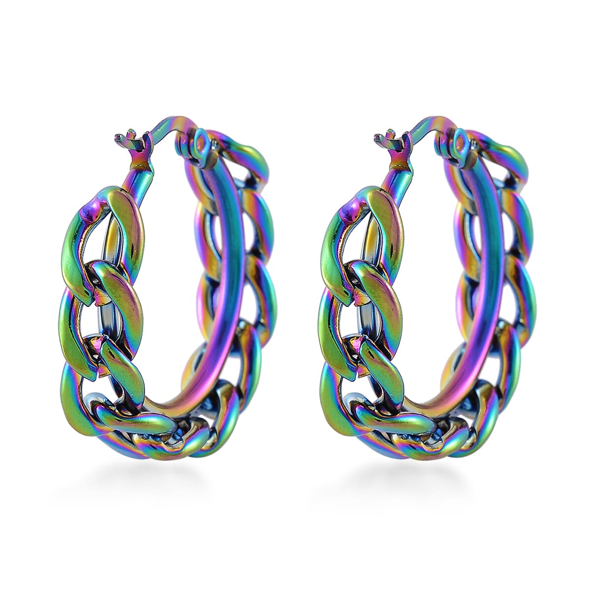 7mm Cuban Chain Hoop Earrings in ION Plated Rainbow Color Stainless Steel image number 4
