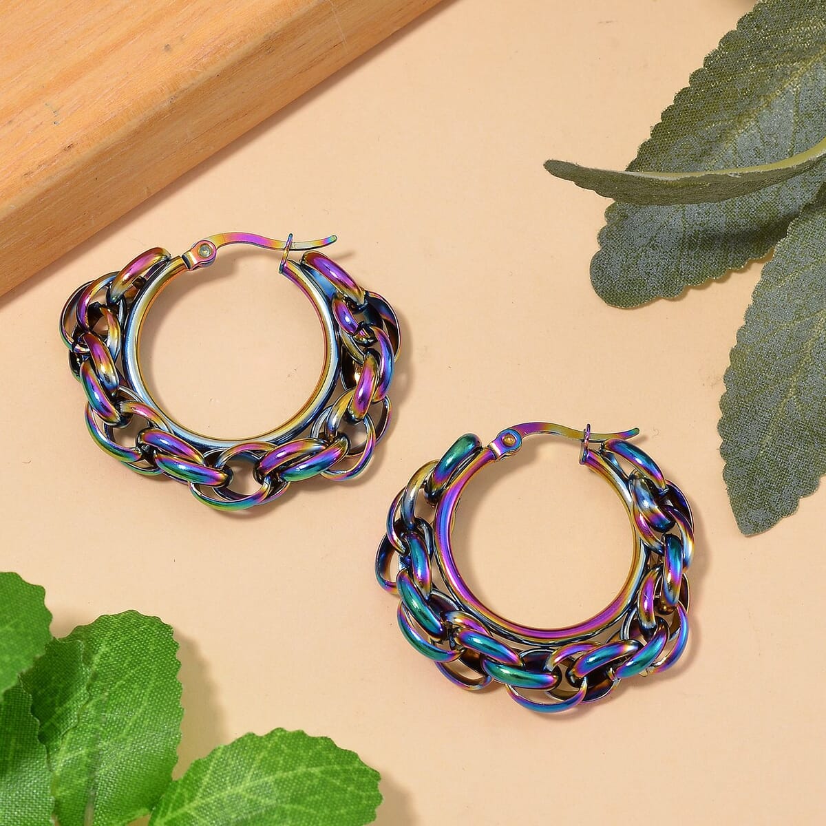 6mm Rope Chain Hoop Earrings in ION Plated Rainbow Color Stainless Steel image number 1