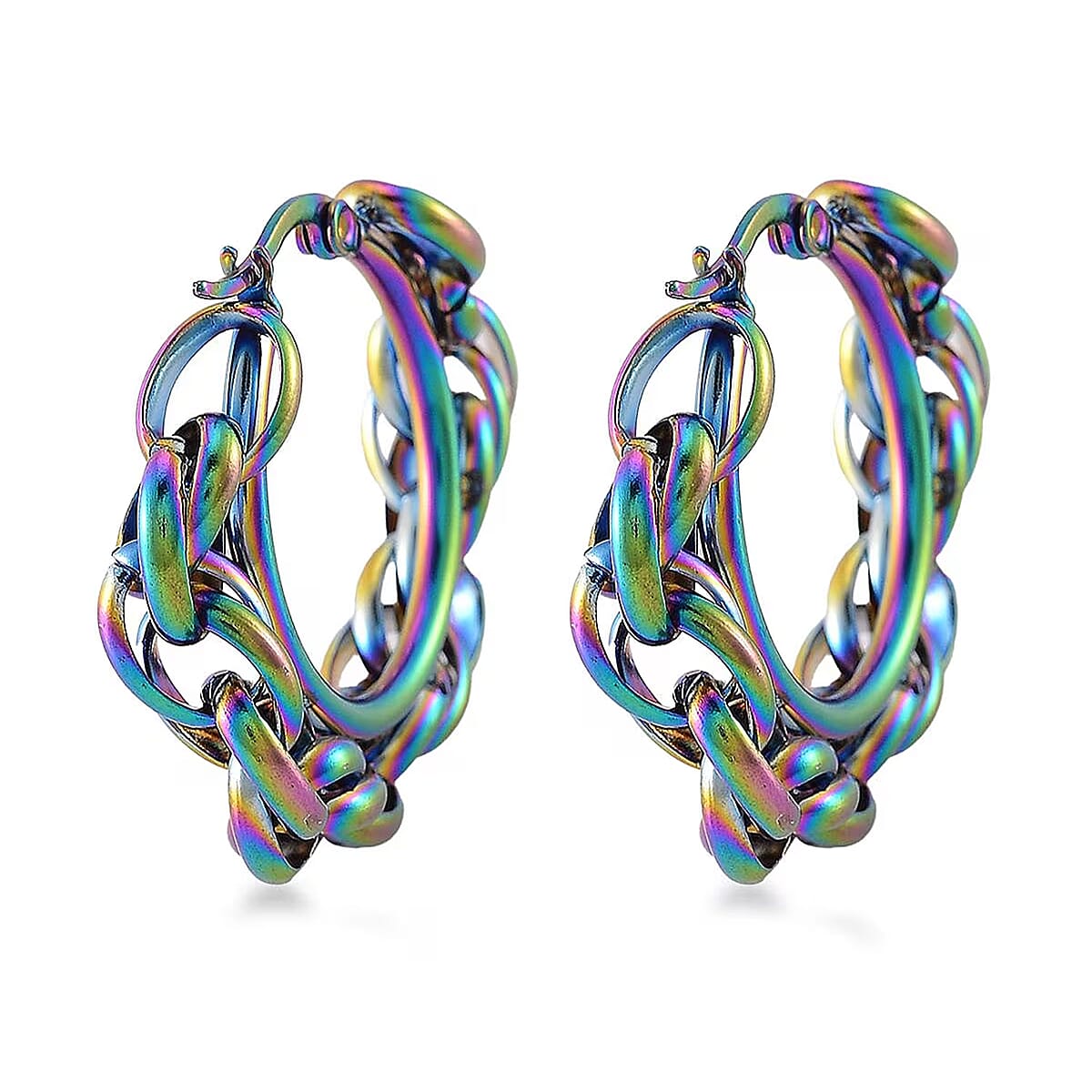 Rope Chain Hoop Earrings in ION Plated Rainbow Color Stainless Steel image number 6