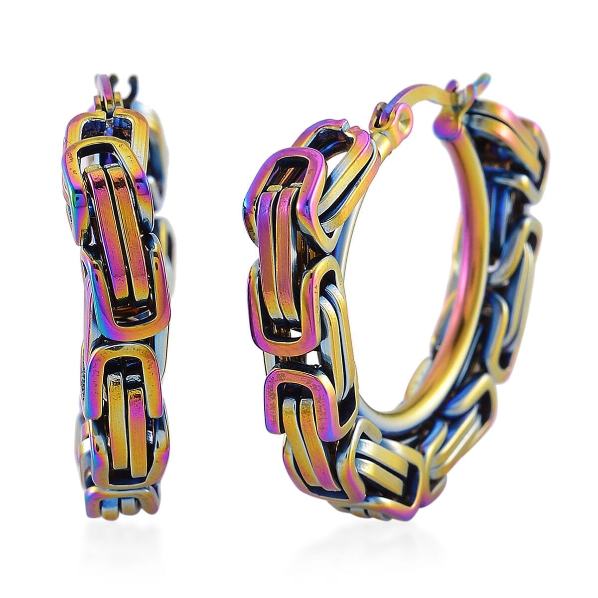 5mm Byzantine Chain Hoop Earrings in ION Plated Rainbow Color Stainless Steel image number 0
