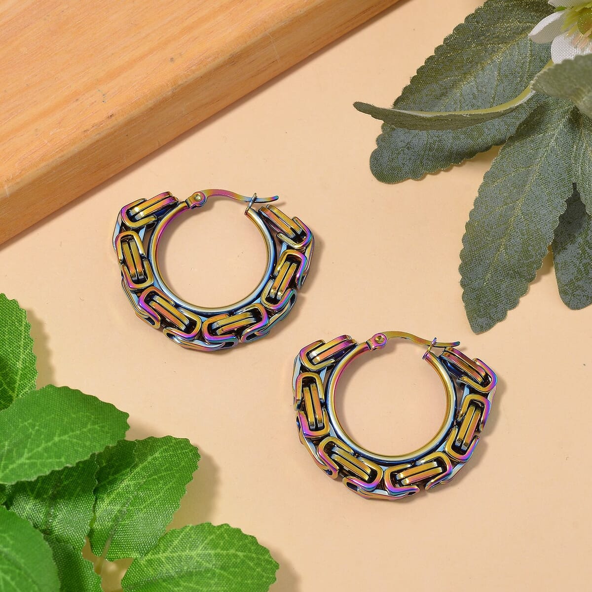 5mm Byzantine Chain Hoop Earrings in ION Plated Rainbow Color Stainless Steel image number 1