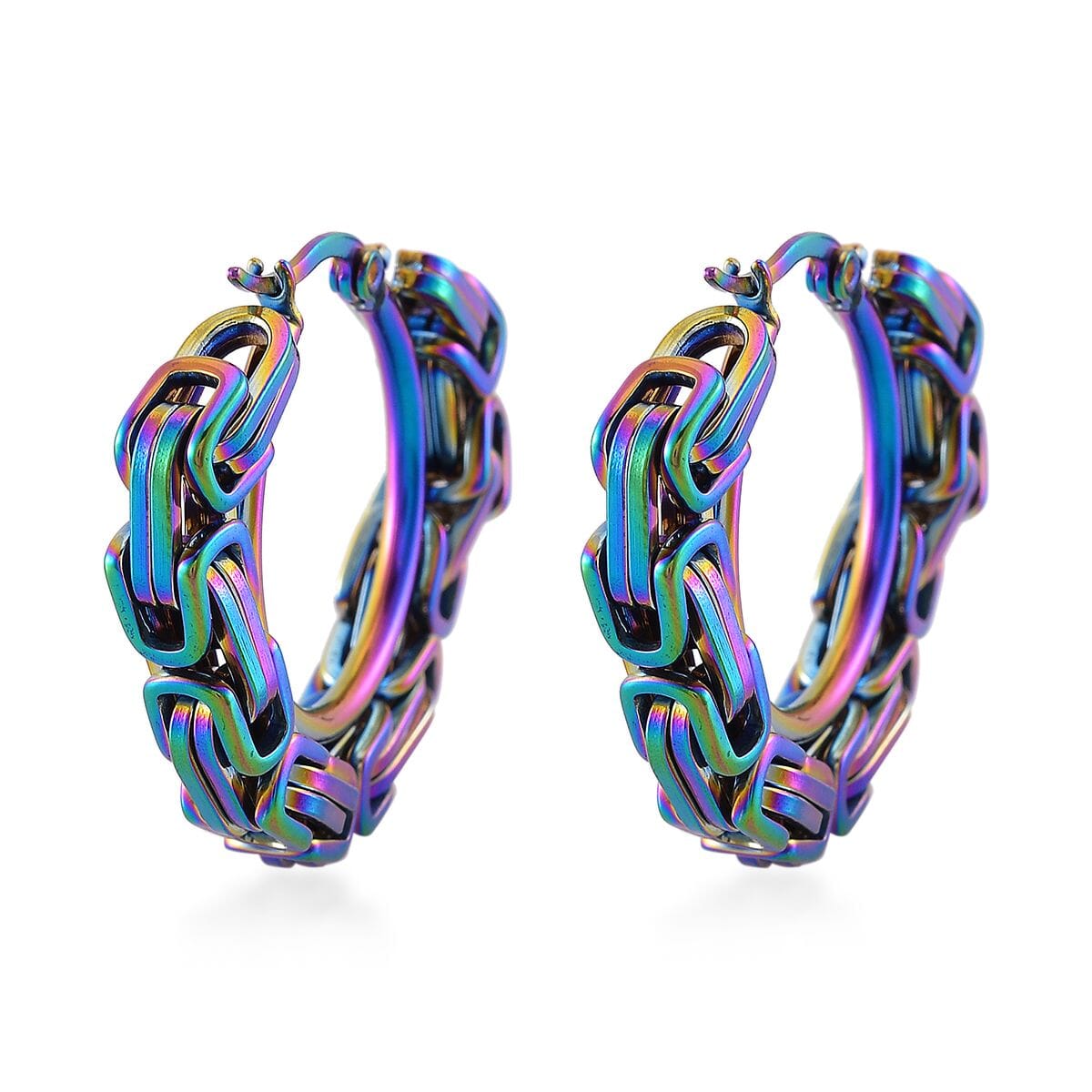 5mm Byzantine Chain Hoop Earrings in ION Plated Rainbow Color Stainless Steel image number 4