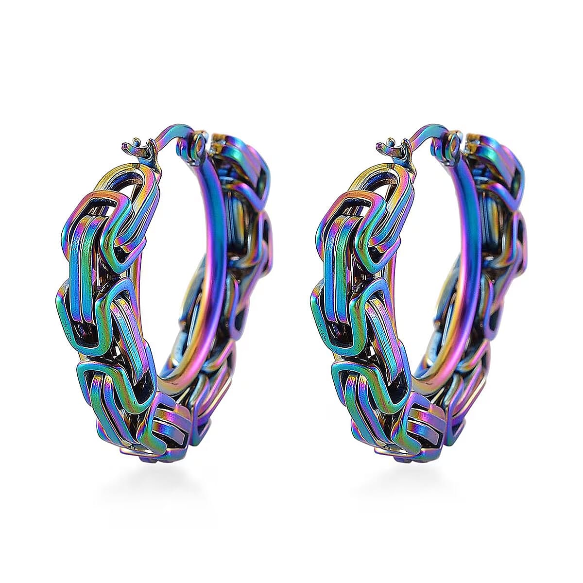 Value Buy 5mm Byzantine Chain Hoop Earrings in ION Plated Rainbow Color Stainless Steel image number 6