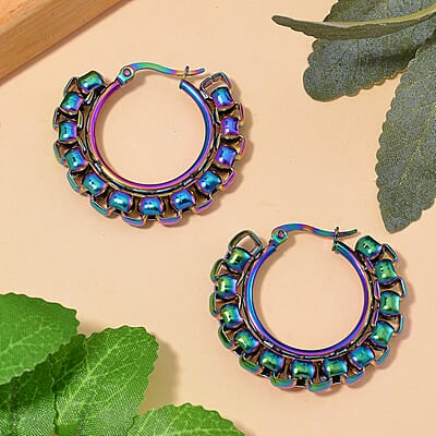 Box Chain Hoop Earrings in ION Plated Rainbow Color Stainless Steel