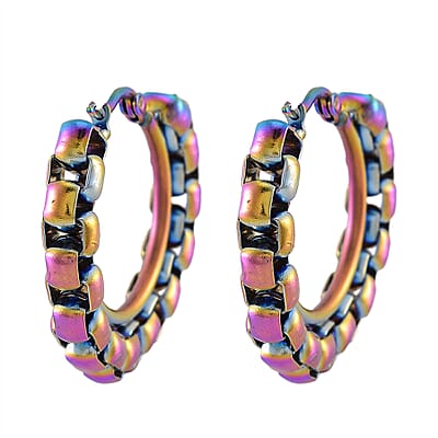 Box Chain Hoop Earrings in ION Plated Rainbow Color Stainless Steel