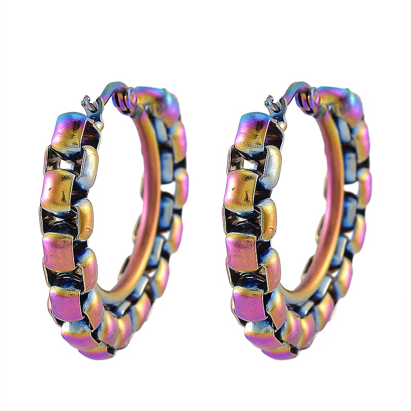 Box Chain Hoop Earrings in ION Plated Rainbow Color Stainless Steel