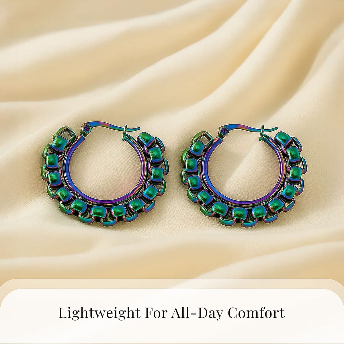Value Buy 6mm Box Chain Hoop Earrings in ION Plated Rainbow Color Stainless Steel image number 4