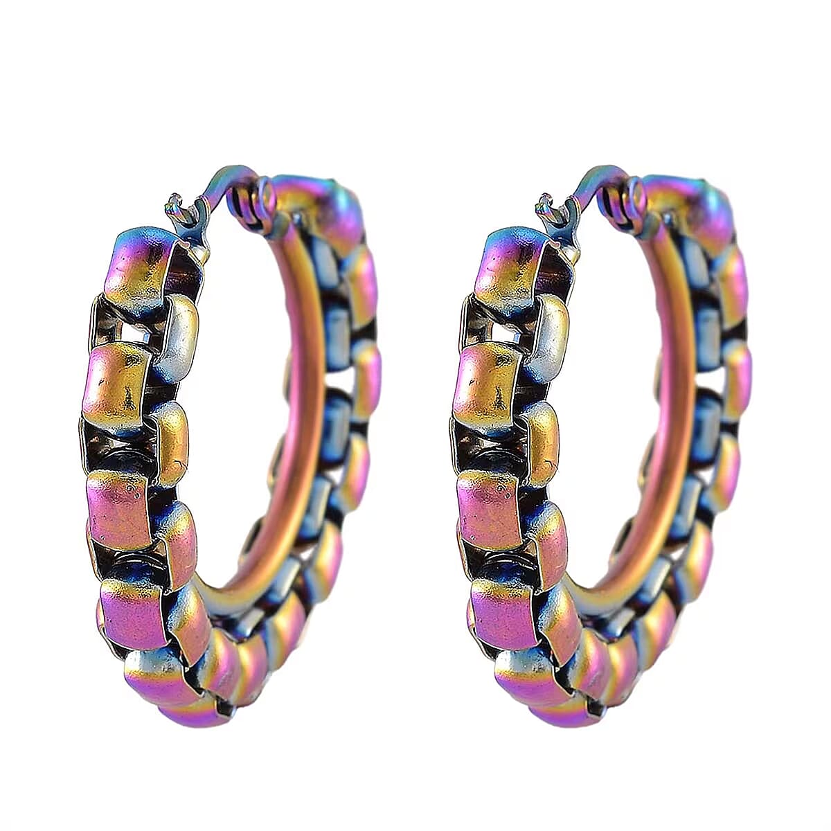 Value Buy 6mm Box Chain Hoop Earrings in ION Plated Rainbow Color Stainless Steel image number 6