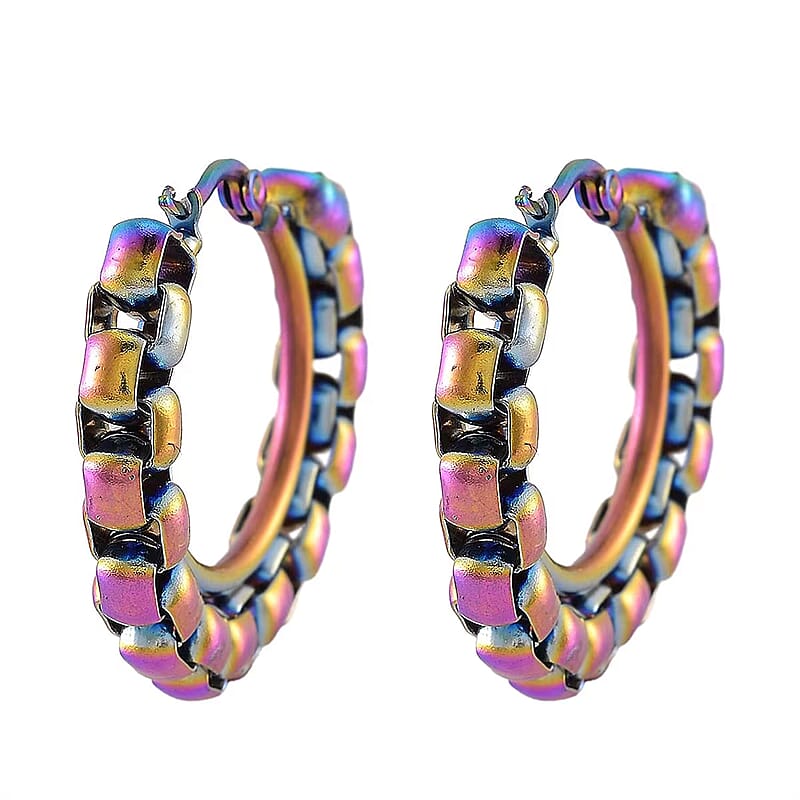 Box Chain Hoop Earrings in ION Plated Rainbow Color Stainless Steel