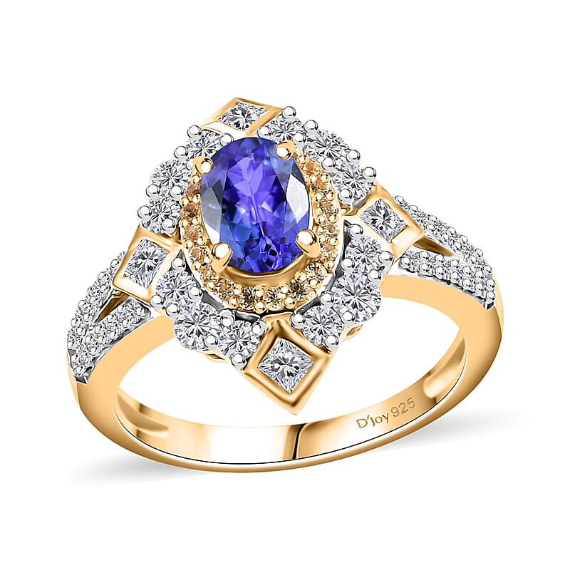 AAA Tanzanite and Multi Gemstone 1.70 ctw Art Deco Ring in 18K Vermeil Yellow Gold Over Sterling Silver (Size 10.0)