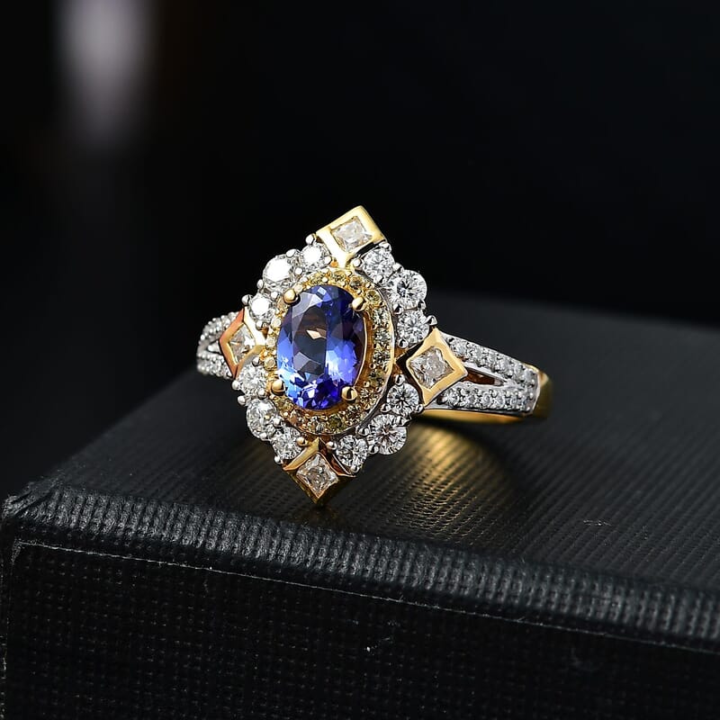 AAA Tanzanite and Multi Gemstone 1.70 ctw Art Deco Ring in 18K Vermeil Yellow Gold Over Sterling Silver (Size 10.0)