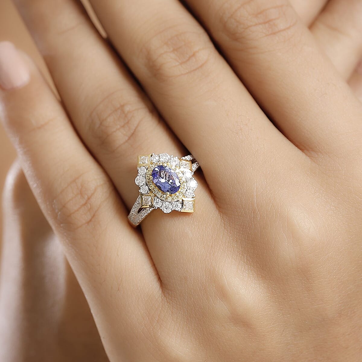 AAA Tanzanite and Multi Gemstone 1.70 ctw Art Deco Ring in 18K Vermeil Yellow Gold Over Sterling Silver (Size 6.0) image number 2