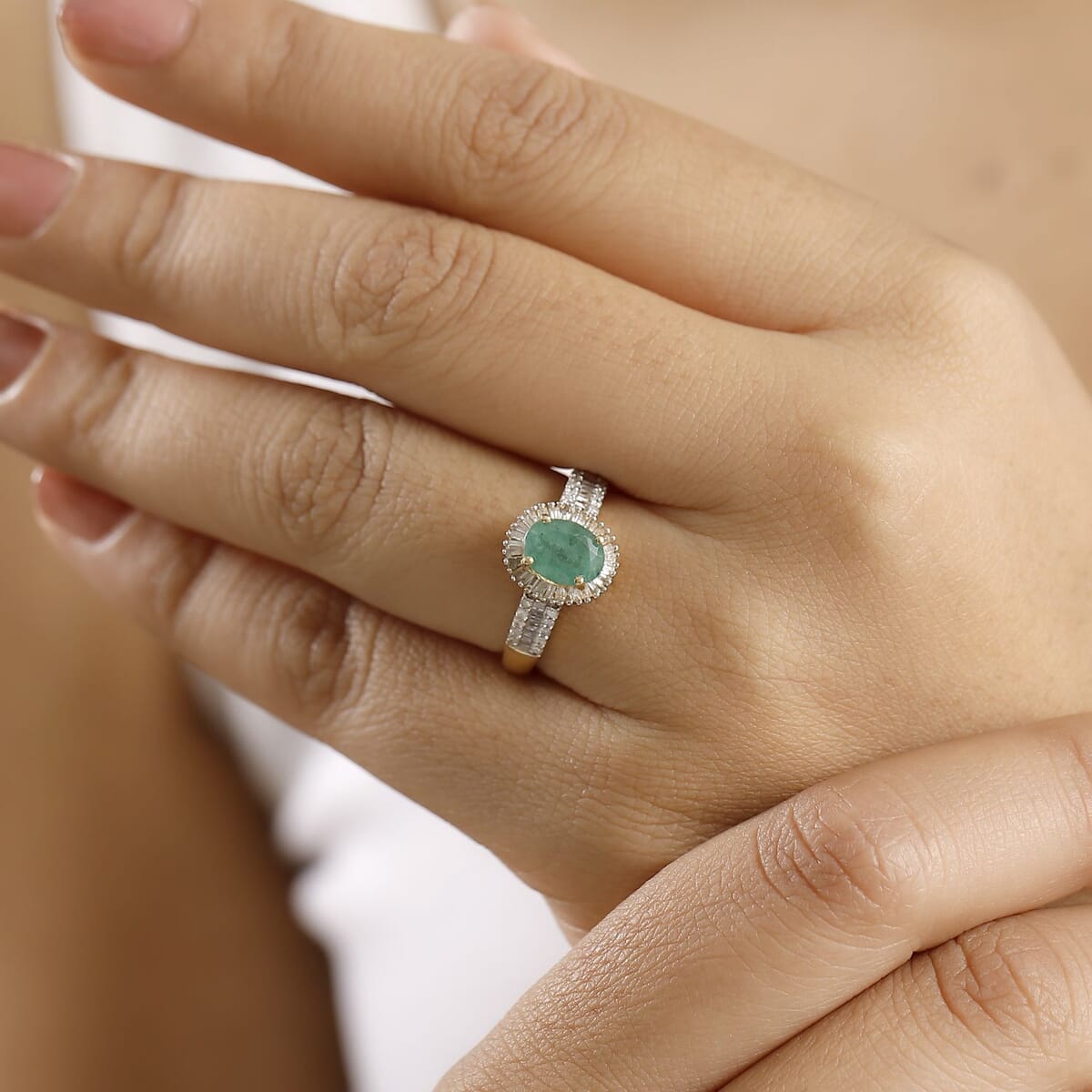 Kagem Zambian Emerald and Diamond 1.50 ctw Halo Ring in 18K Vermeil Yellow Gold Over Sterling Silver (Size 6.0) image number 2