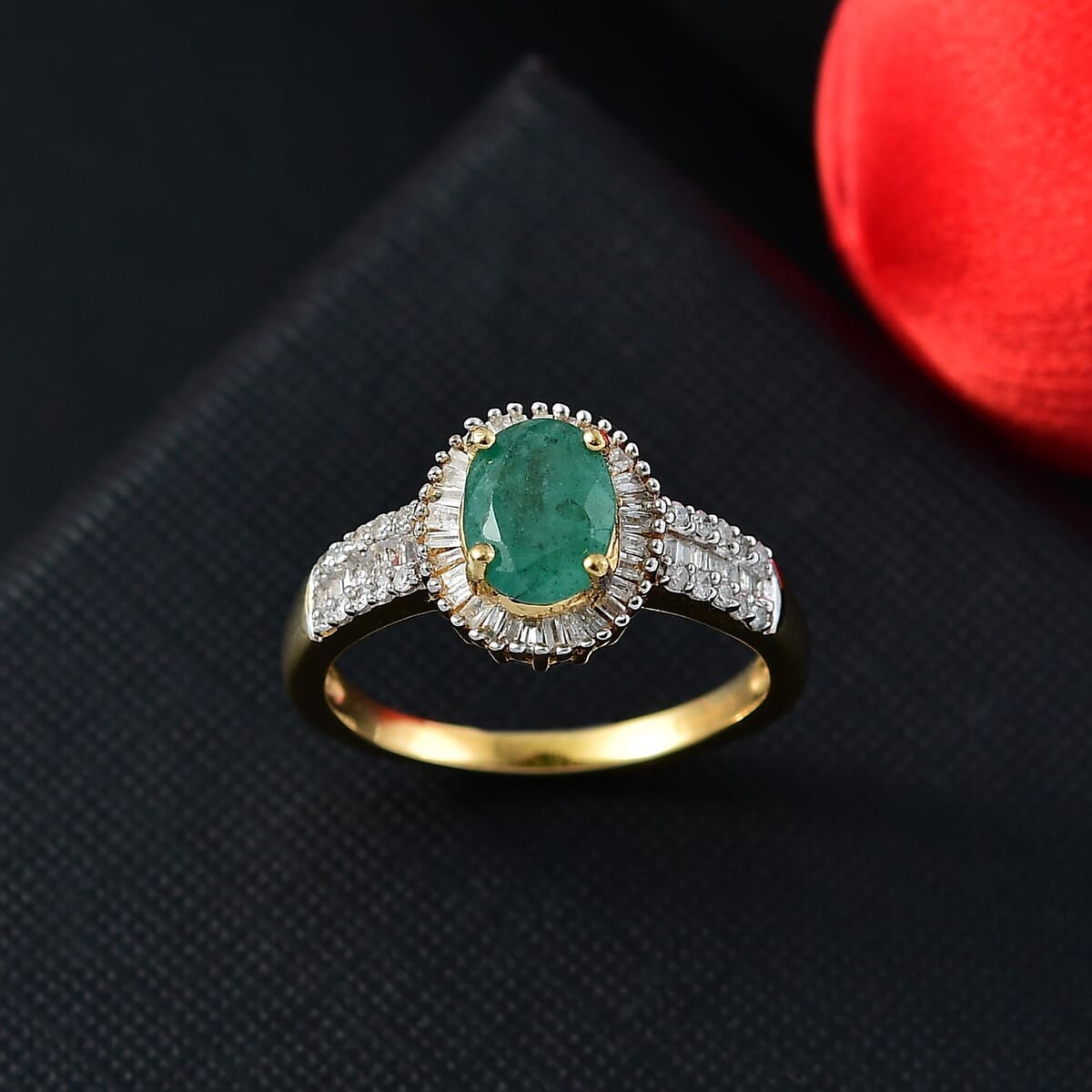 Kagem Zambian Emerald and Diamond 1.50 ctw Halo Ring in 18K Vermeil Yellow Gold Over Sterling Silver (Size 8.0) image number 1