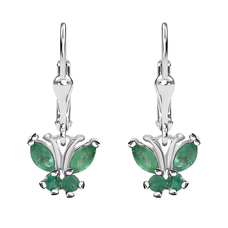 D'Joy Kagem Zambian Emerald 0.75 ctw Butterfly Earrings in Rhodium Over Sterling Silver