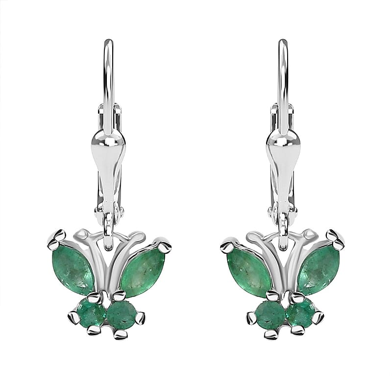D'Joy Kagem Zambian Emerald 0.75 ctw Butterfly Earrings in Rhodium Over Sterling Silver