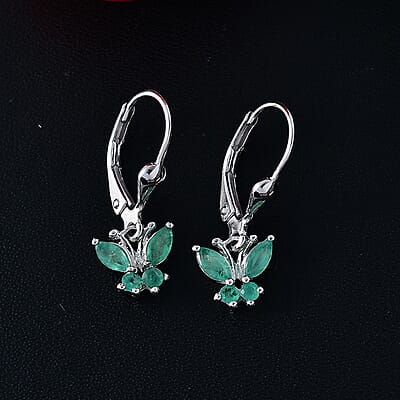 D'Joy Kagem Zambian Emerald 0.75 ctw Butterfly Earrings in Rhodium Over Sterling Silver