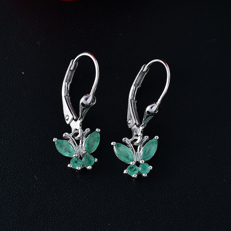 D'Joy Kagem Zambian Emerald 0.75 ctw Butterfly Earrings in Rhodium Over Sterling Silver