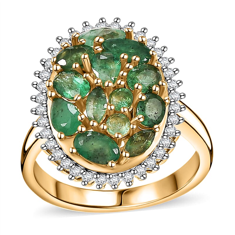 Kagem Zambian Emerald and White Zircon 2.20 ctw Dewdrop Ring in 18K Vermeil Yellow Gold Over Sterling Silver (Size 10.0)