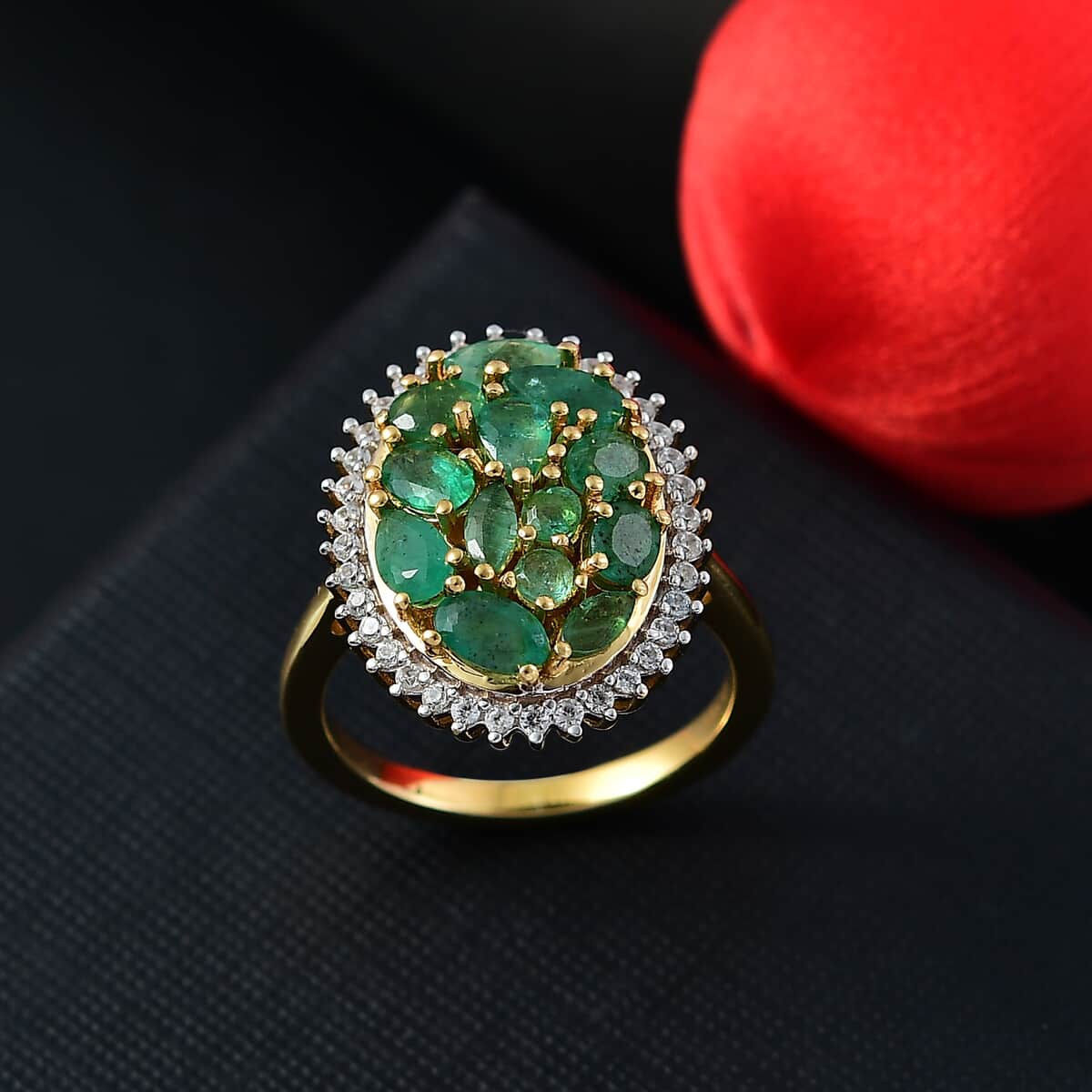 Doorbuster Kagem Zambian Emerald and White Zircon 2.20 ctw Dewdrop Ring in 18K Vermeil Yellow Gold Over Sterling Silver (Size 10.0) image number 1