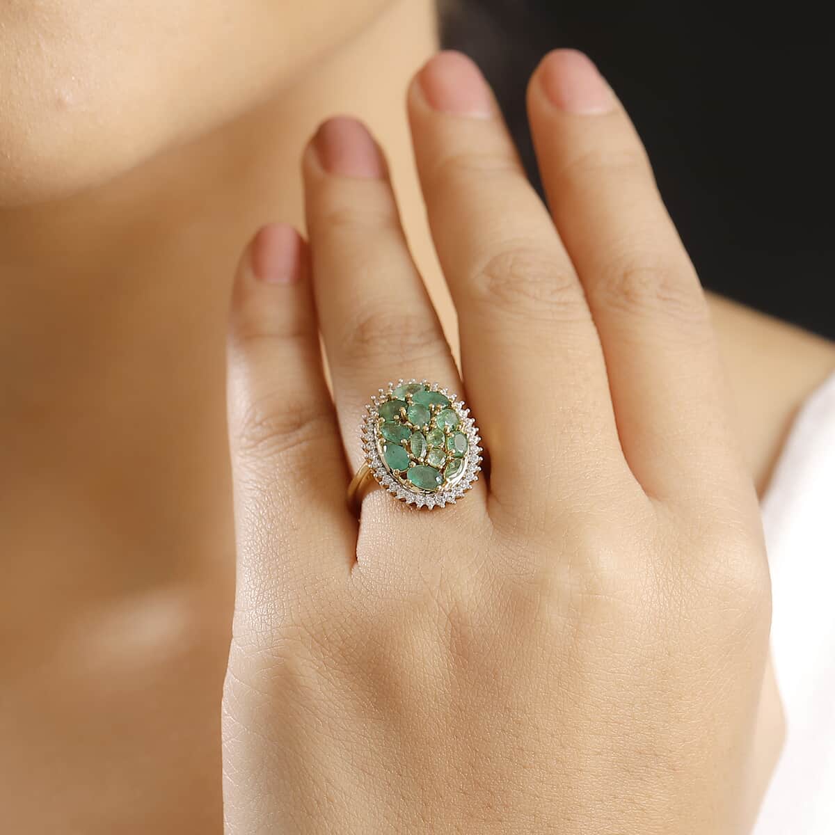 Doorbuster Kagem Zambian Emerald and White Zircon 2.20 ctw Dewdrop Ring in 18K Vermeil Yellow Gold Over Sterling Silver (Size 10.0) image number 2