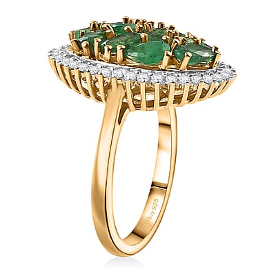 Kagem Zambian Emerald and White Zircon 2.20 ctw Dewdrop Ring in 18K Vermeil Yellow Gold Over Sterling Silver (Size 10.0)