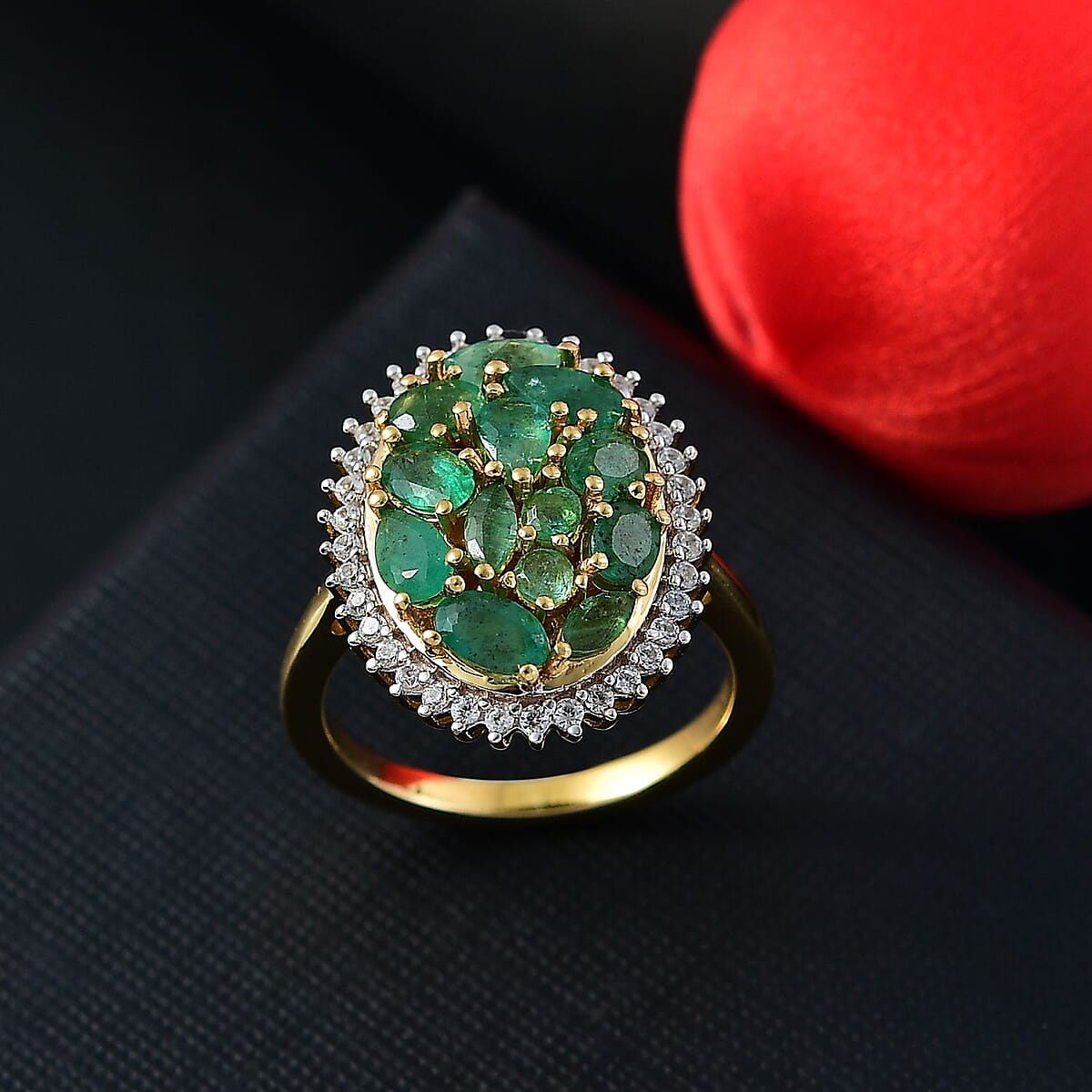 D'Joy Kagem Zambian Emerald and White Zircon 2.20 ctw Dewdrop Ring in 18K Vermeil Yellow Gold Over Sterling Silver (Size 7.0) image number 1