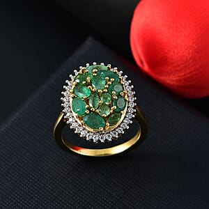 D'Joy Kagem Zambian Emerald and White Zircon 2.20 ctw Dewdrop Ring in 18K Vermeil Yellow Gold Over Sterling Silver (Size 7.0)