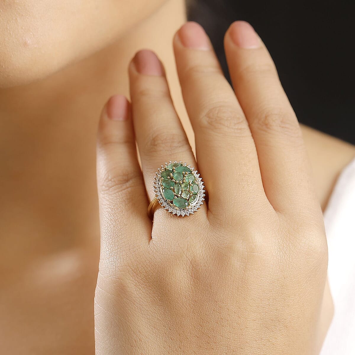 D'Joy Kagem Zambian Emerald and White Zircon 2.20 ctw Dewdrop Ring in 18K Vermeil Yellow Gold Over Sterling Silver (Size 7.0) image number 2