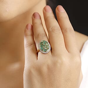 D'Joy Kagem Zambian Emerald and White Zircon 2.20 ctw Dewdrop Ring in 18K Vermeil Yellow Gold Over Sterling Silver (Size 7.0)