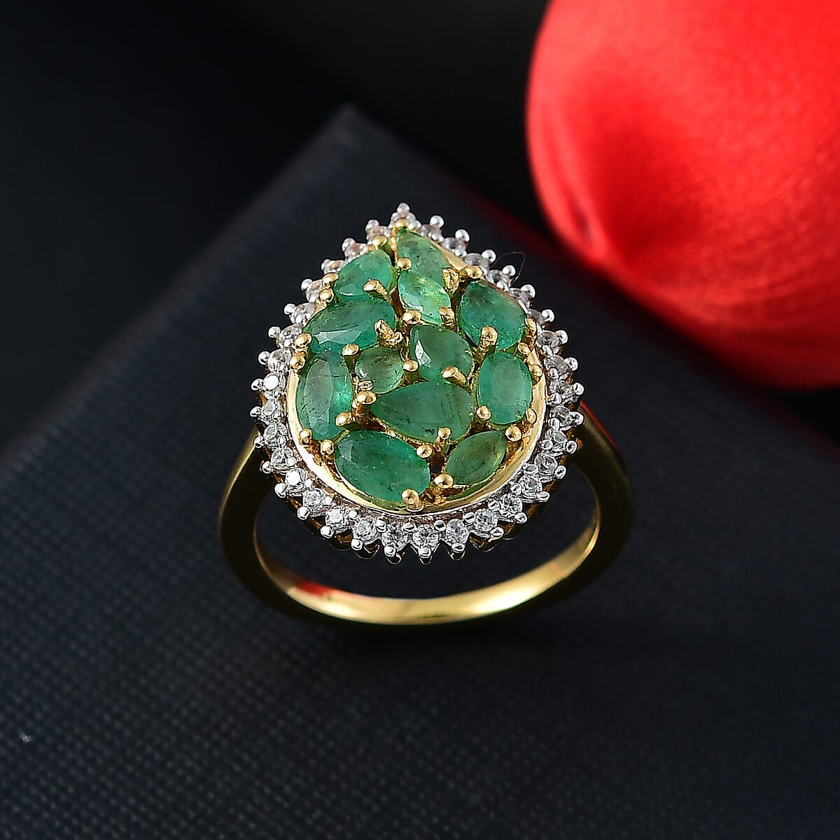 D'Joy Kagem Zambian Emerald and White Zircon 2.25 ctw Dewdrop Ring in 18K Vermeil Yellow Gold Over Sterling Silver (Size 10.0) image number 1
