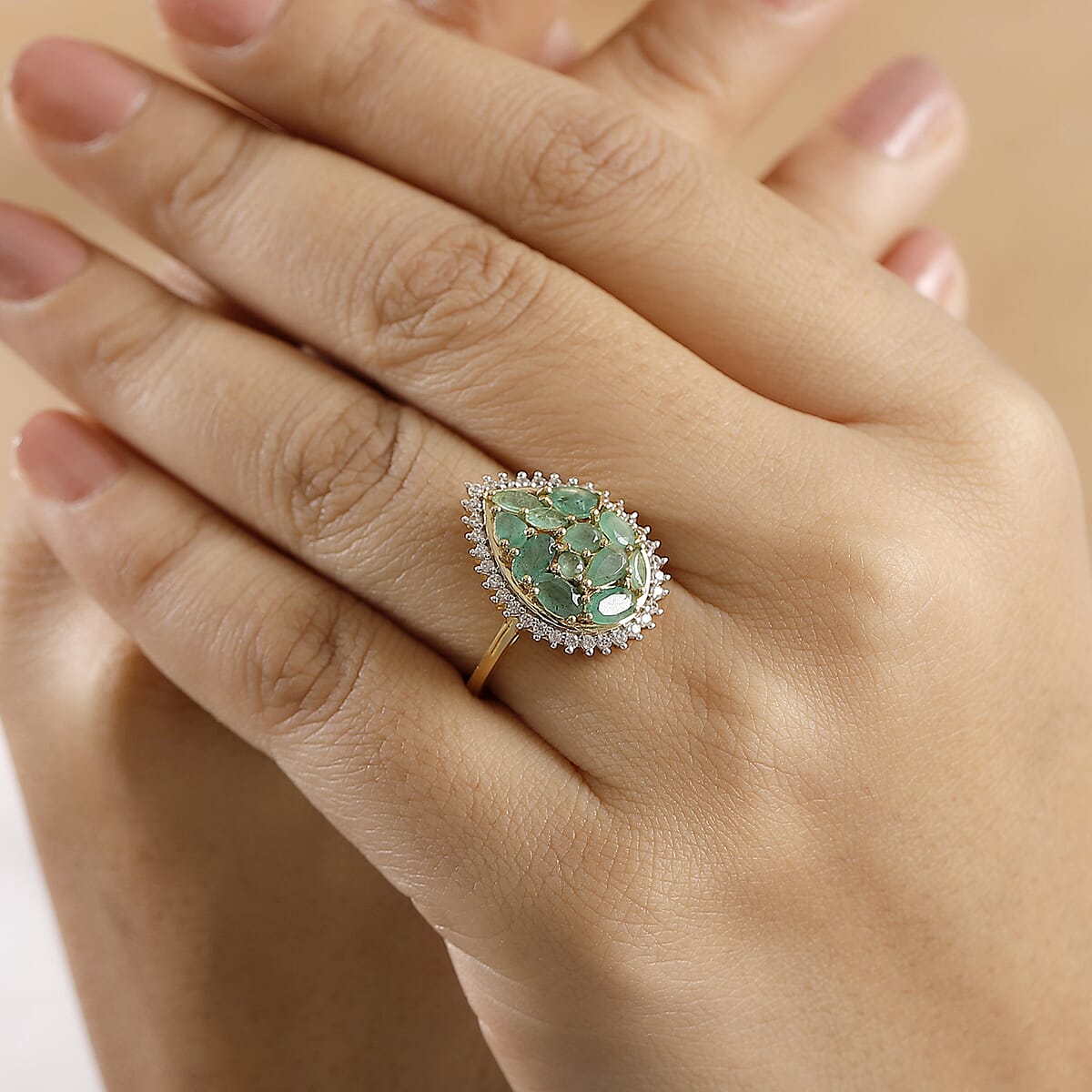 D'Joy Kagem Zambian Emerald and White Zircon 2.25 ctw Dewdrop Ring in 18K Vermeil Yellow Gold Over Sterling Silver (Size 10.0) image number 2